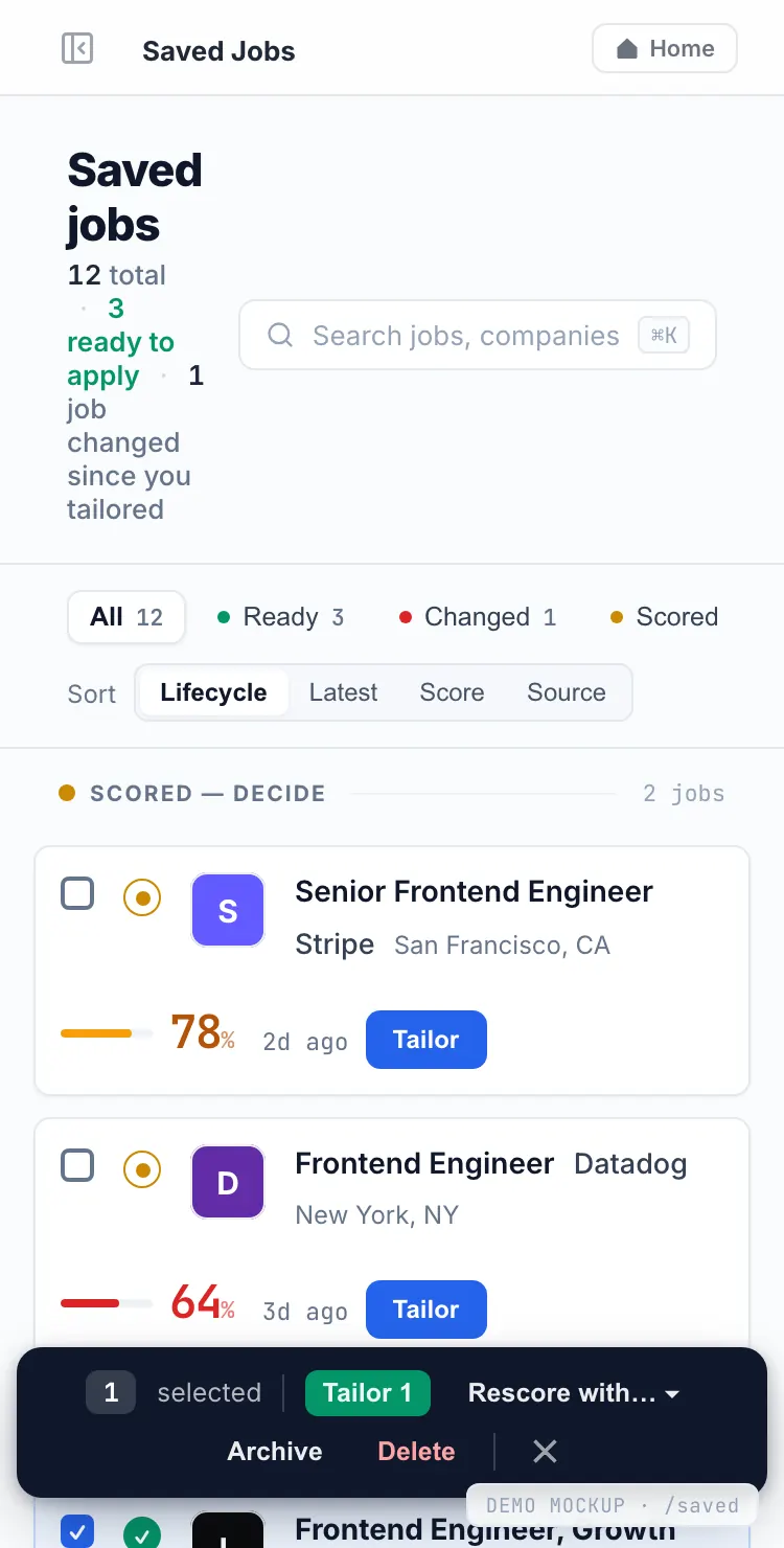 Resume Studio — saved jobs screen