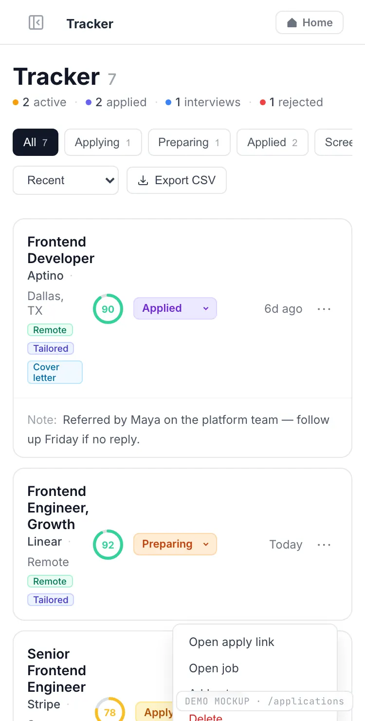 Resume Studio — application tracker screen