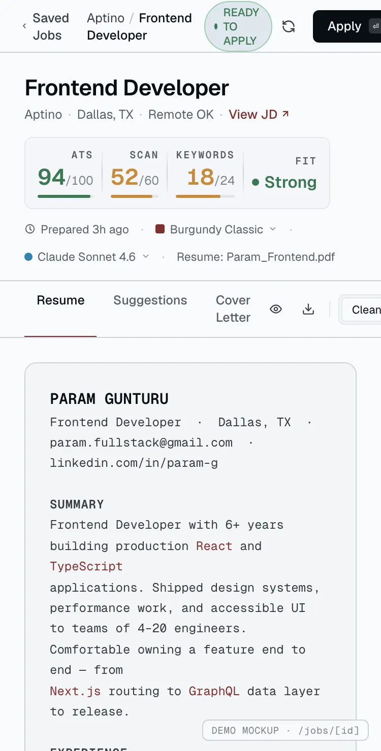 Resume Studio — tailoring workspace screen