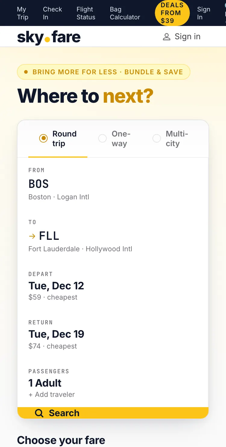 Spirit Airlines booking funnel recreation