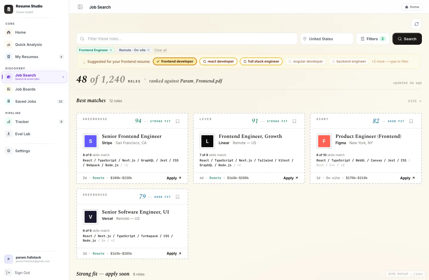 Resume Studio job-search screen — live ATS postings scored against the selected résumé