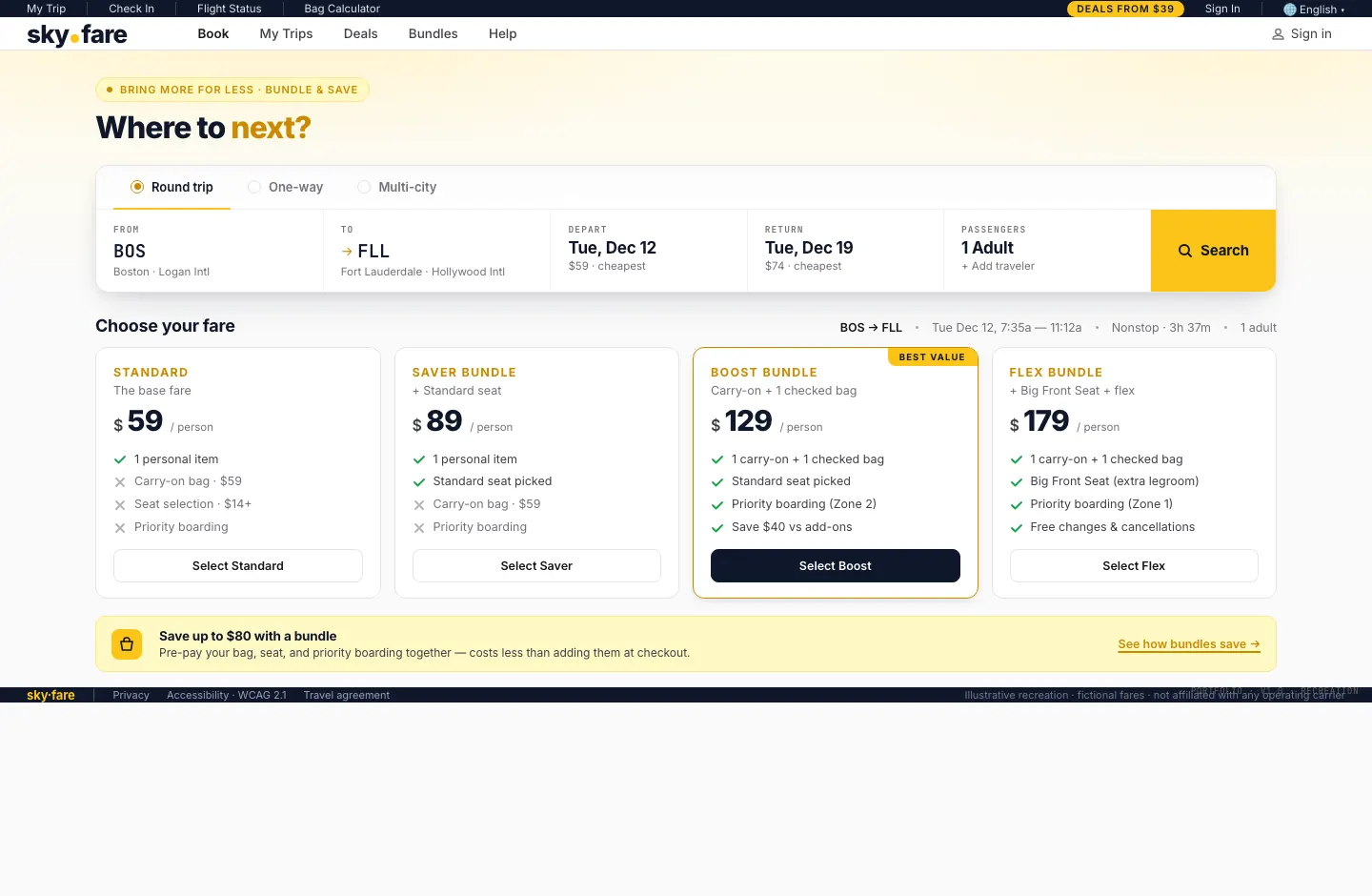 Spirit Airlines booking funnel recreation — booking widget and fare tiers